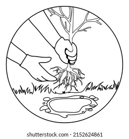 Plantación manual en jardín, ilustración de contorno vectorial