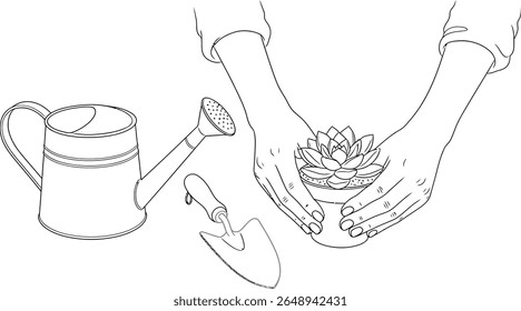 Hands Planting Succulent with Watering Can and Trowel Line Art