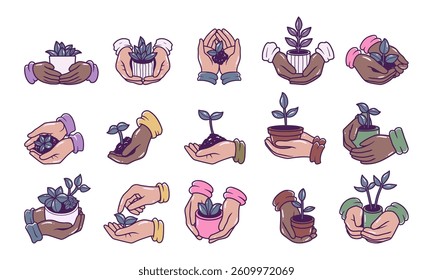 Hands with planting vector illustration set