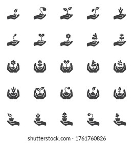 Hands with plants vector icons set, modern solid symbol collection, filled style pictogram pack. Signs, logo illustration. Set includes icons as hand holding sprout, growing plant in soil, flower pot