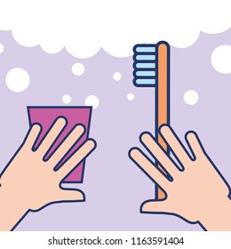 hands with plastic cup and toothbrush bathroom