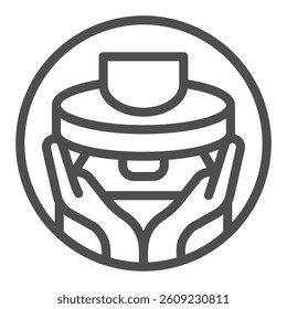Hands with plate on workbench line icon, pottery making concept. Vector graphics. Hands with clay plate, manual molding sign on white background, outline style icon for mobile or web design