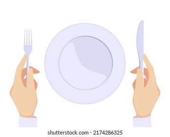 Hände mit Teller. Restaurant-Hintergrund Person, die Messer und Gabelküche hält Hunger Person Dinerman Grauer Vektorcartoon-Hintergrund