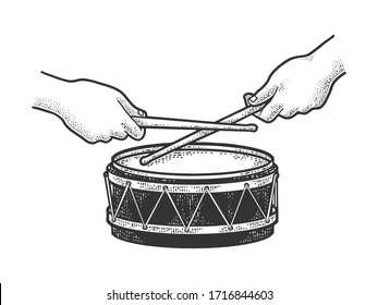 hands play on drum sketch engraving vector illustration. T-shirt apparel print design. Scratch board imitation. Black and white hand drawn image.