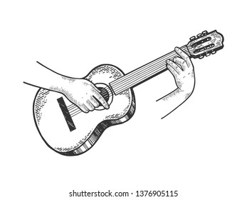 Esbozo de instrumentos de cuerda de guitarra acústica grabando ilustración vectorial. Imitación del estilo de pizarra. Imagen dibujada a mano en blanco y negro.