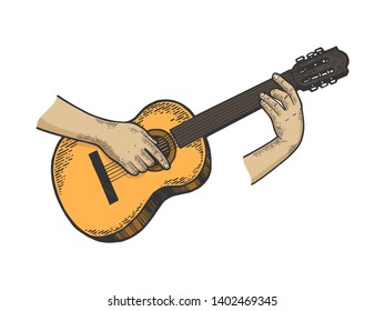 Hands playing acoustic guitar string instrument color sketch line art engraving vector illustration. Scratch board style imitation. Black and white hand drawn image.