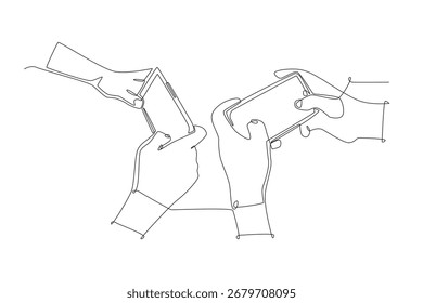 Hands playing competitive mobile games. Co‑op game concept one-line drawing
