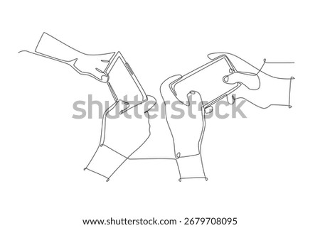 Hands playing competitive mobile games. Co‑op game concept one-line drawing