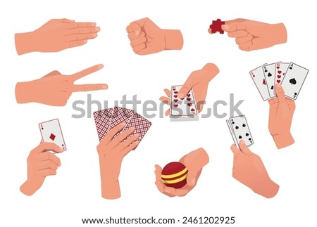 Hands playing different games. Development of fine motor skills. Gambling and competitive gaming. Poker cards. Fingers training accessories. Holding ball or puzzle. Arm