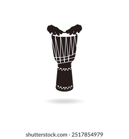 Hands playing the drum vector icon. Set of hand drums. Folk instruments percussion vector. Acoustic drummer. Black drum stylish vector icon.