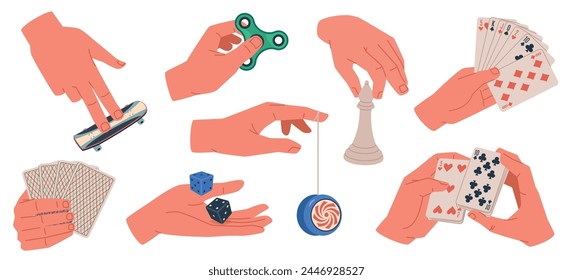 Hands playing games. People arms hold different devices, fine motor skills development, spinner, fingerboard, chess and cards, gambling dice, cartoon flat isolated nowaday vector set