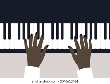 Hands playing on the piano, top view, music and culture