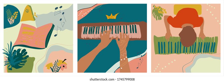 Hands playing piano, musical notes with metronome and man with piano keys. Musical set of three hand drawn vector isolated trendy illustrations with abstract backgrounds. Naive art in pastel colors