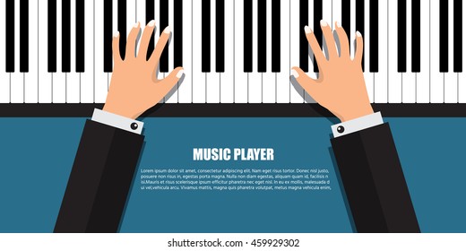 Hands playing the piano, Musician, music background, Flat designed vector illustration