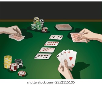 hands playing poker on casino green felt table