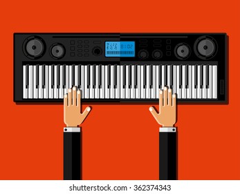 Hands playing the synthesizer. Flat design. Vector illustration.
