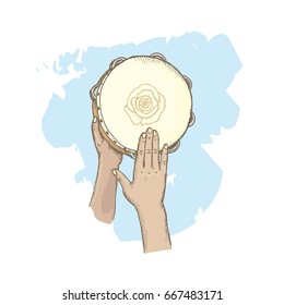 Hands playing tambourine with rose. Colored hand drawn vector illustration