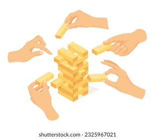 Hands playing tower balance. game, hand stacking wooden brick or wood block of toy towers building construction on table, puzzle risk games vector illustration of balance tower block, game brick