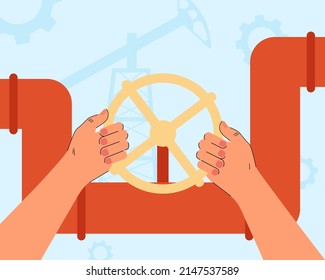 Hands of plumber turning water valve. Pipe with wheel flat vector illustration. Plumbing, industry, construction, repair service concept for banner, website design or landing web page