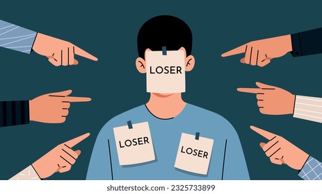 Hands point the finger at the loser man. A victim of bullying. Ridicule and rejection by society. A person with badges is a loser subjected to people's insults.Concept illustration