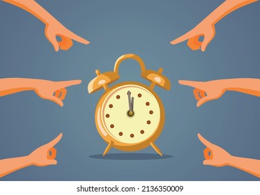 
Hands Pointing at Alarm Clock Vector Cartoon Illustration. People indicating daylight saving time concept design
