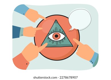 Hands pointing at all-seeing eye vector illustration. People believing or judging conspiracy theories. Symbol of world government. Conspiracy, providence, mysticism concept