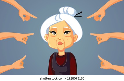 Hands Pointing to an Asian Senior Woman. Xenophobia manifested against elderly Chinese person

