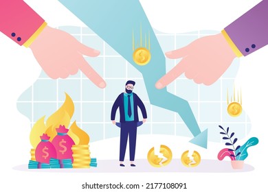 Hands pointing to bankrupt entrepreneur with empty pockets. Company went bankrupt due to financial problems. Businessman's savings and profits burning up. Bankruptcy concept. Flat vector illustration