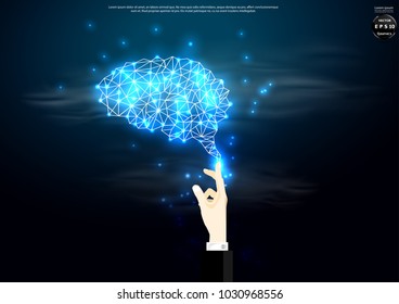 Hands pointing -  Brain Polygon  Shape -  idea and concept   illustration  Background.