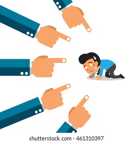 A lot of hands pointing a businessman
