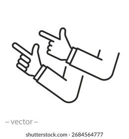 hands pointing at the copy space, direction icon, index fingers, copy space, thin line symbol on white background - editable stroke vector illustration eps10