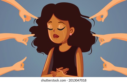 
Hands Pointing to a Crying African Woman. Sad Afro-American girl feeling bullied and harassed due to systemic racism
