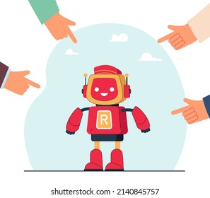 Hands pointing at cute robot cartoon character. People showing adorable robotic toy flat vector illustration. Technology, science, AI, modern robots concept for banner, website design or landing page
