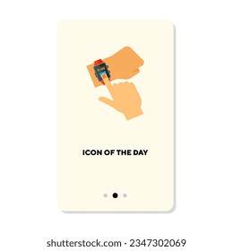 Hands pointing at digital watches flat vector icon. Action with fingers touching electronic device isolated vector illustration. Motion, acting, body part concept for web design and apps