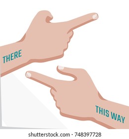 Hands with Pointing Finger and Lettering Showing Correct Direction or Way Flat Graphic Design - Skin Color on White Paper Effect Background - Vector Infographic Style