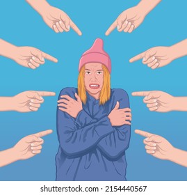 Hands pointing fingers on a girl woman feeling uncomfortable and scared vector illustration.
