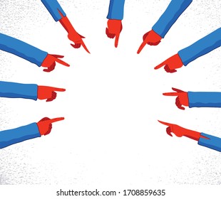 Hands with pointing fingers shows blank copy space mockup for advertising banner or poster design vector illustration, man and woman hands with gestures attracting attention.