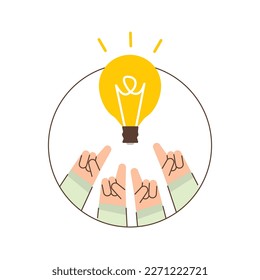 Hands pointing to the formed idea in the form of a light bulb, creative process or brainstorm, teamwork. Flat graphics on a white background.