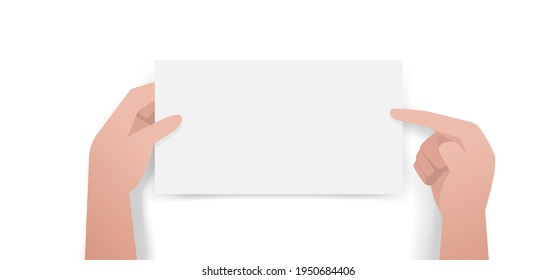 Hands pointing and holding white empty paper, isolated on white background, vector illustration