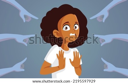 
Hands Pointing to an Innocent Girl Vector Cartoon Illustration. People blaming the wrong person who is trying to exculpate herself
