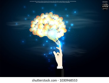 Hands pointing -  Lamp brain -  idea and concept   illustration  Background.
