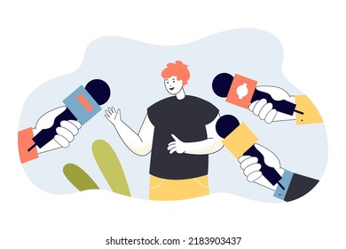 Hands pointing microphones at happy cartoon man. Journalists asking opinion of male character flat vector illustration. Journalism or press, interview concept for banner or landing web page