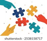 Hands pointing and moving puzzle pieces. The metaphor of partnership, problem solving, brainstorm.