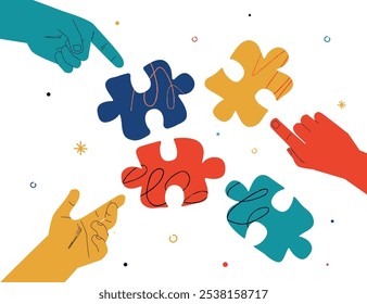 Hands pointing and moving puzzle pieces. The metaphor of partnership, problem solving, brainstorm.