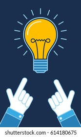 Hands pointing on lit bulb, New idea business illustration vector