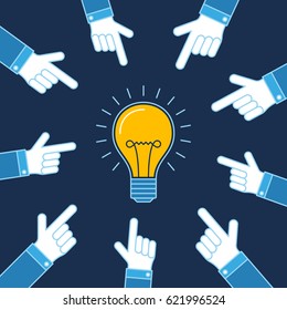 Hands pointing on lit bulb, New idea business illustration vector