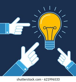 Hands pointing on lit bulb, New idea business illustration vector