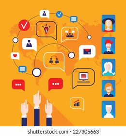 Hands pointing on people avatars and business icons for web on the world map background. Vector illustration