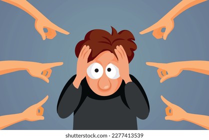 
Hands Pointing to a Stressed Man Suffering from Depression Vector Illustration. Unhappy desperate man suffering from mental health problems being stigmatized 
