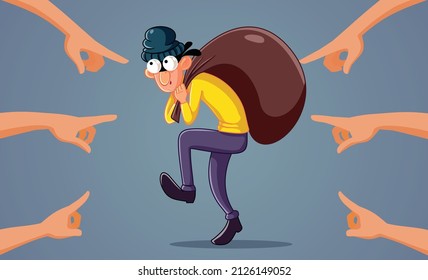 
Hands Pointing to a Thief Caught Stealing Vector Cartoon Illustration. Criminal robber being busted in the act in flagrante delicto
